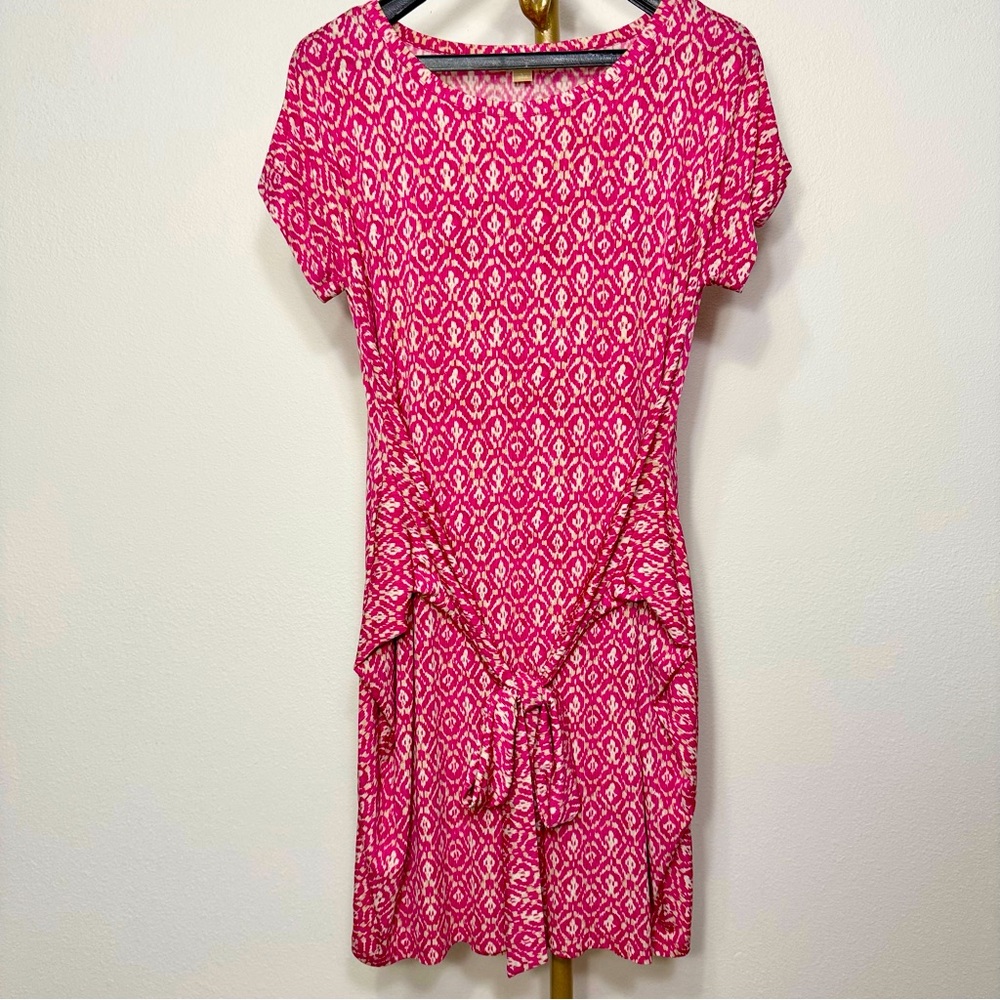 Michael Kors Pink Geometric Ikat Drop Shoulder Round Neck Tie Waist Shift Dress